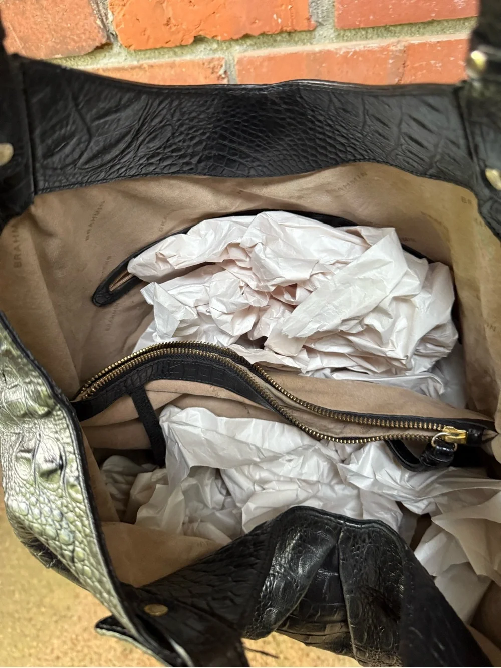 Brahmin Croc-Embossed Black Leather Hobo Bag with Gold Accent